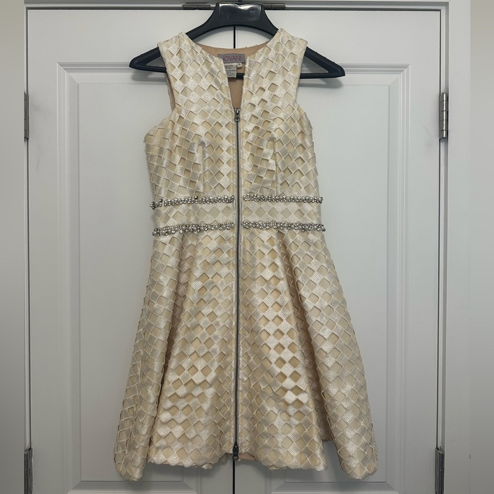 Jovani Cream Zipper Fit and Flare Mini Dress